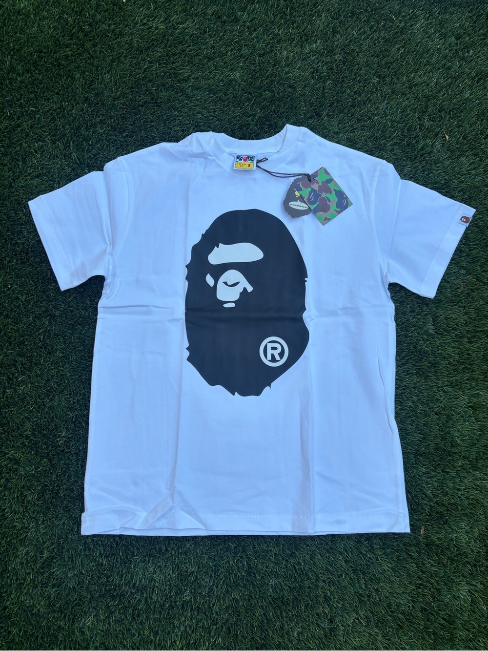 Bape White Tee with Large Black Ape Head Graphic